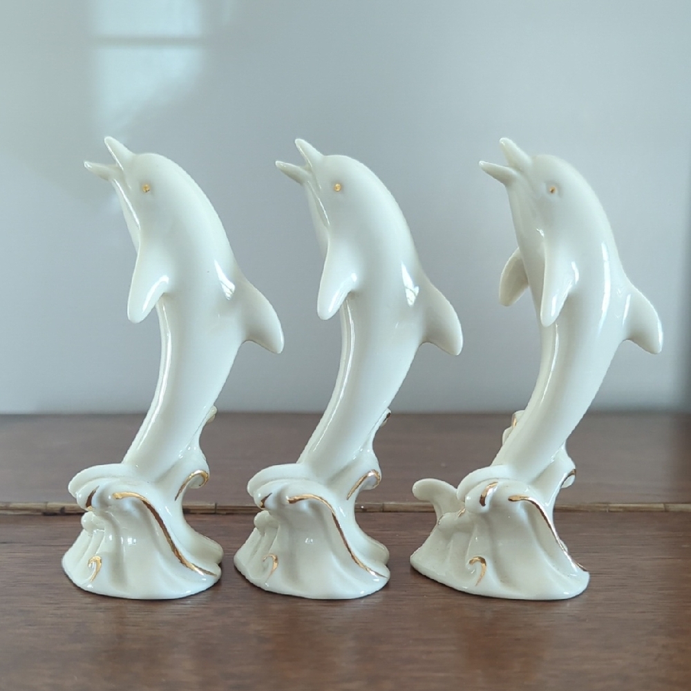 (3) Lenox Cream and Gold Dolphin Figurines